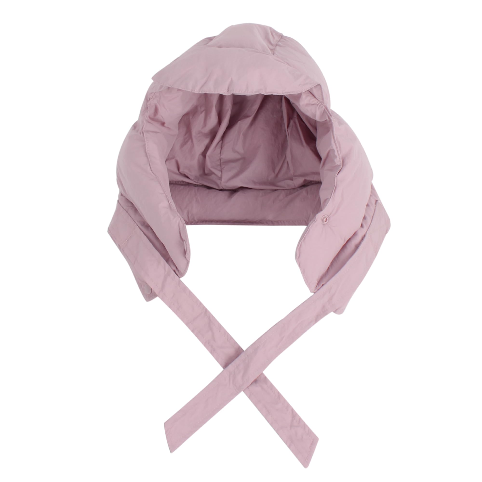 Hoce ear flaps pink image demonstrates heat retention on cold days.