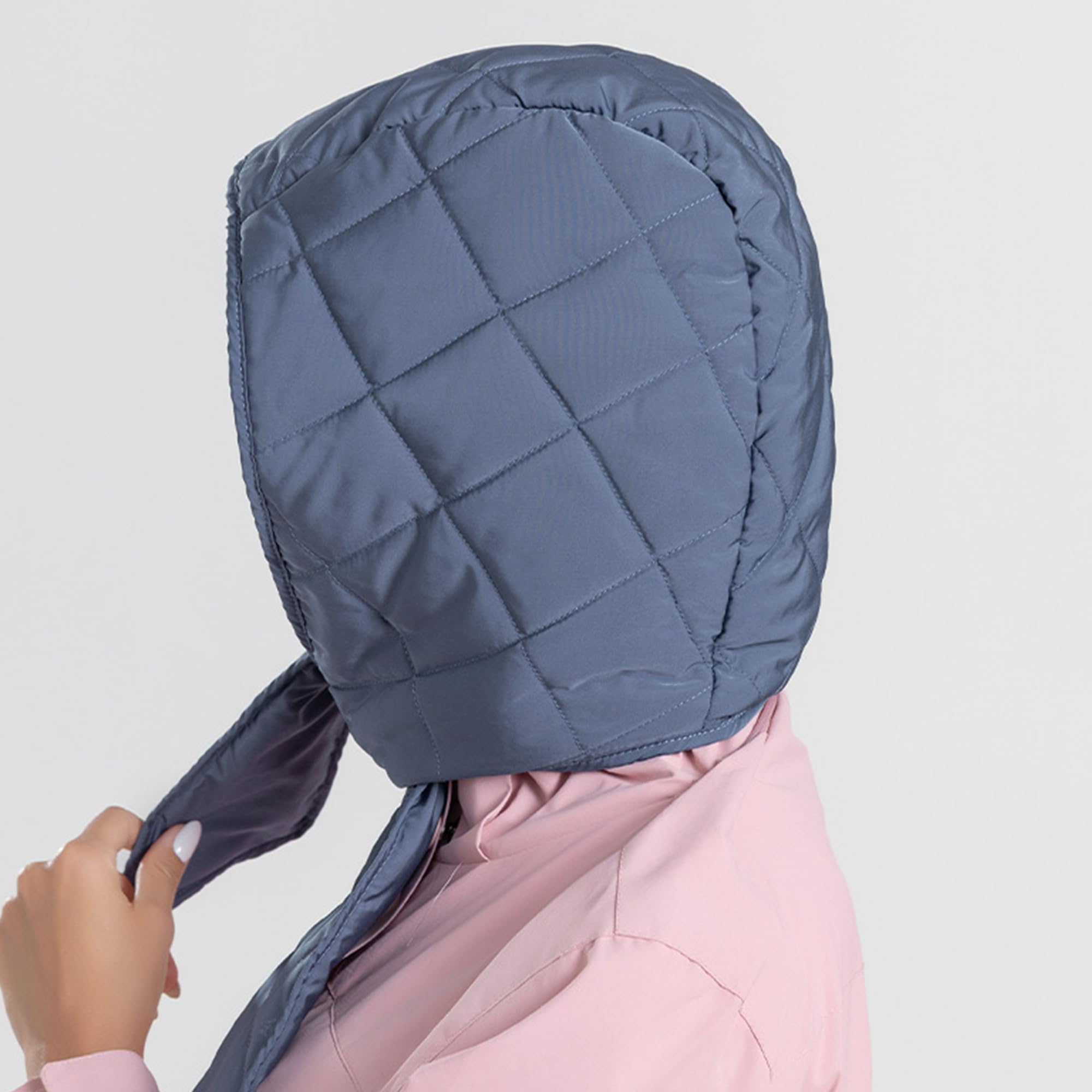 Hoce winter down hood hat blue, side profile with under-chin tie