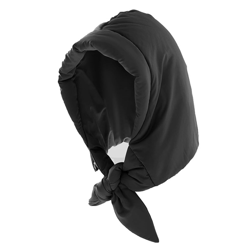 Hoce winter down hood hat with under-chin tie for outdoor warmth.