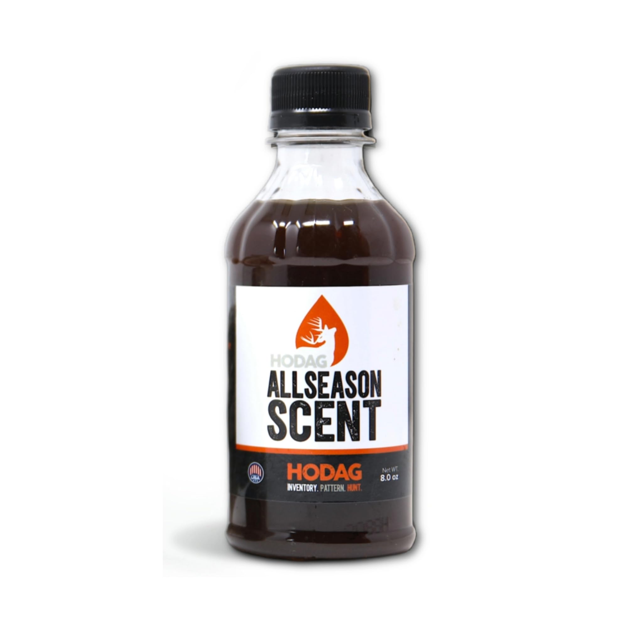 HODAG AllSeason Scent bottle closeup shows a natural formula for year-round deer attraction.