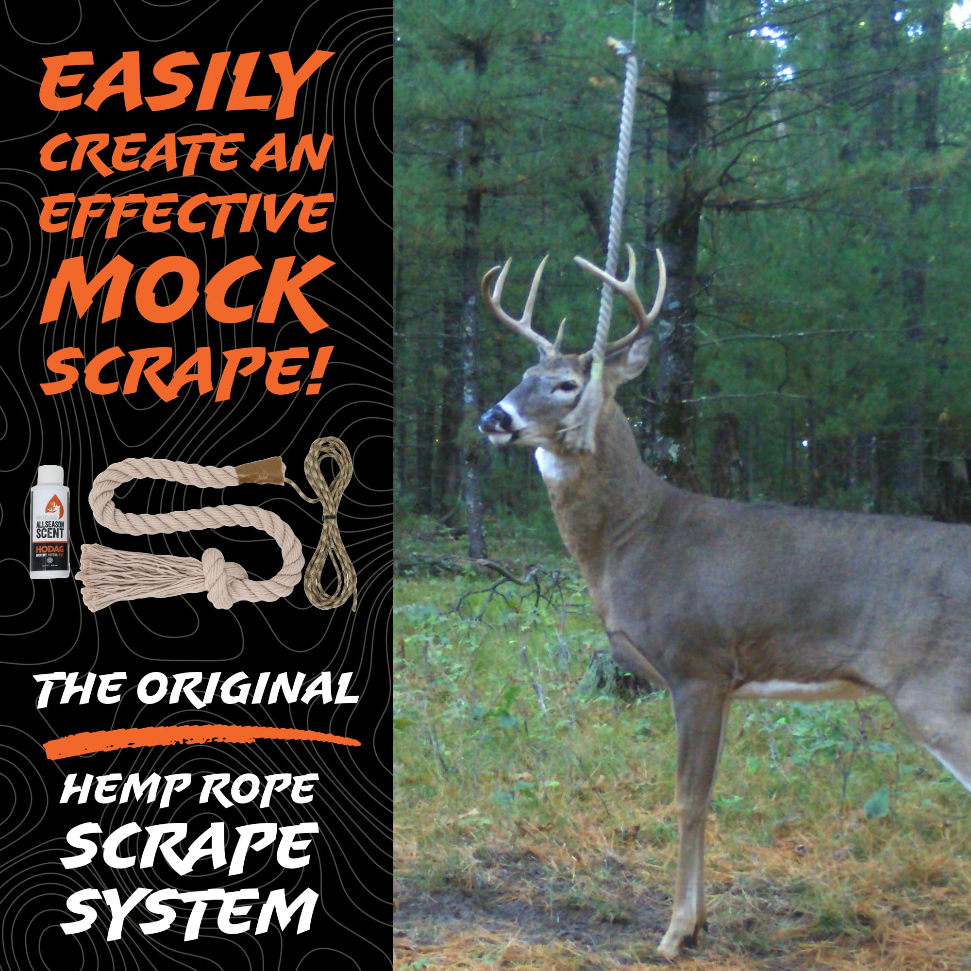 4 oz AllSeason scent bottle shown with rope, offering year-round attractant without urine.