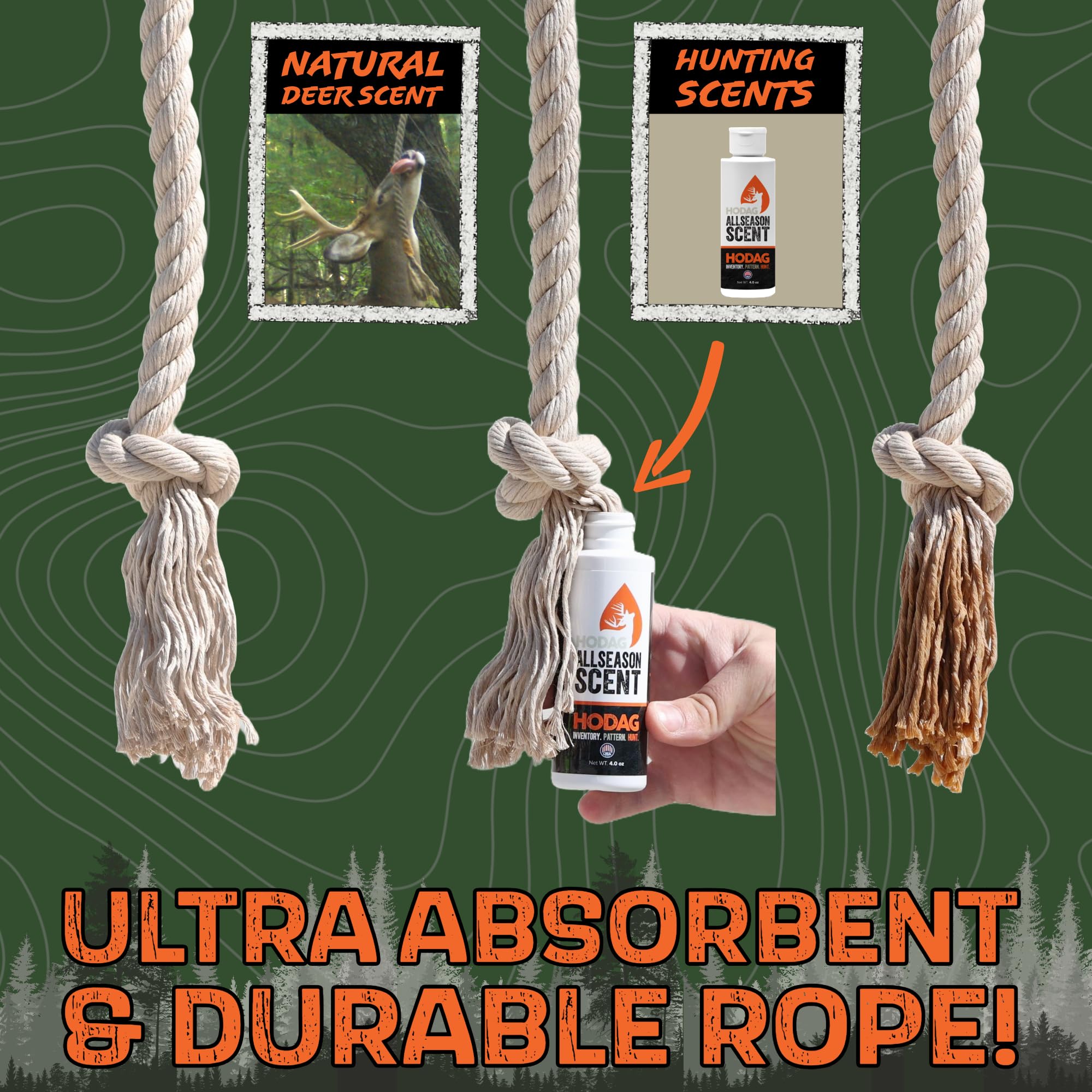 Dripper attachment shown with rope for consistent scent delivery at a mock scrape.
