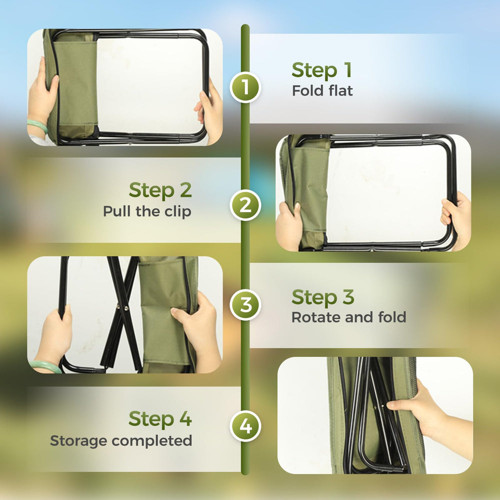 Hoehew folding stool with built-in pockets for small gear.