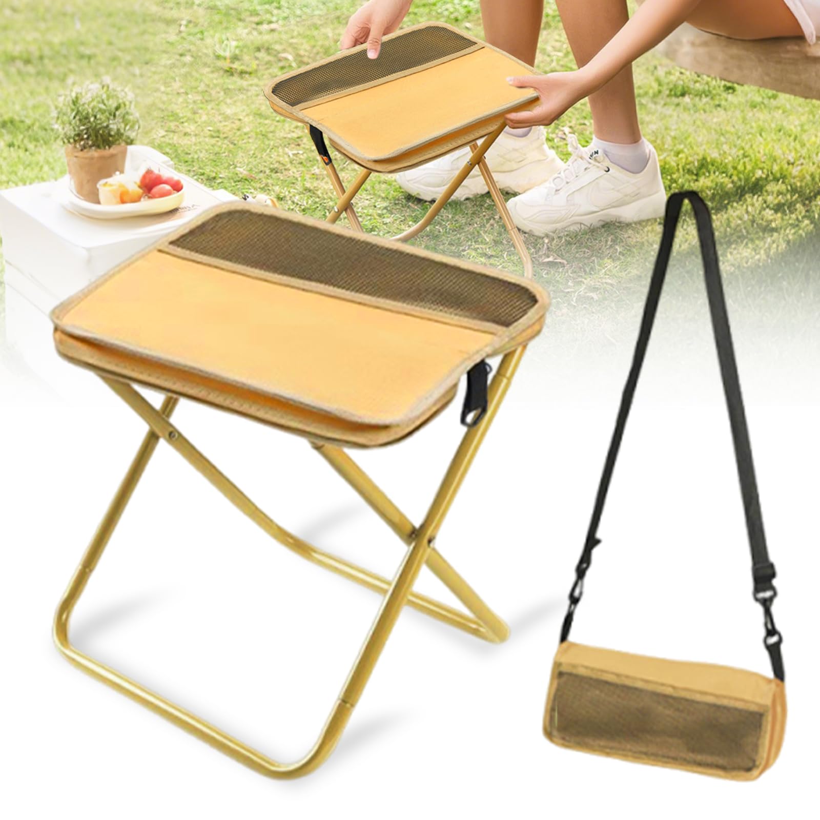 hoehew portable stool folded in its compact bag for easy carry