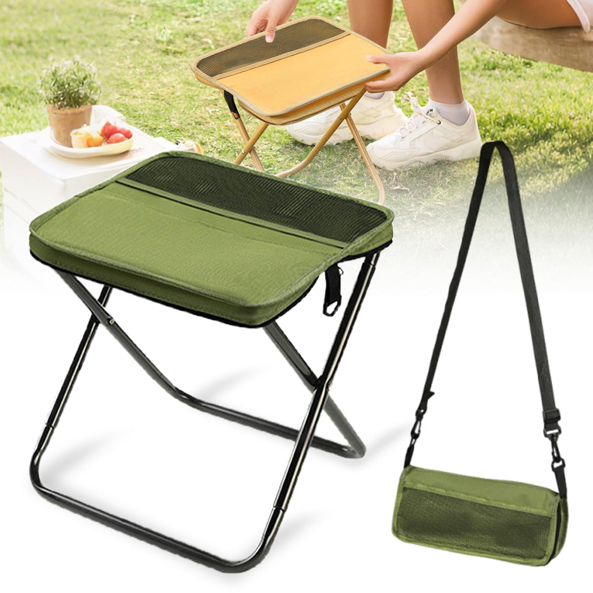 hoehew portable stool folded in bag, ready for compact outdoor gear and quick setup