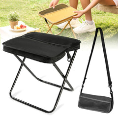Hoehew portable stool in black folded for easy backpack carry.