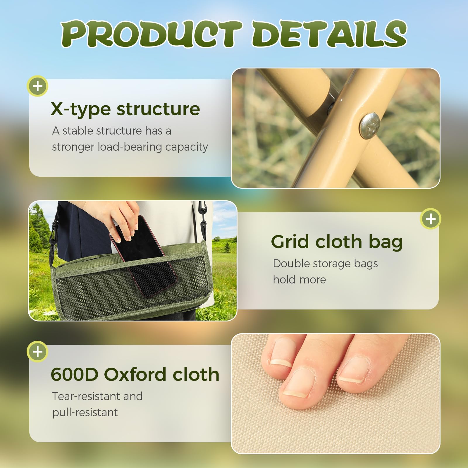 hoehew stool with built-in pockets for snacks or small gear
