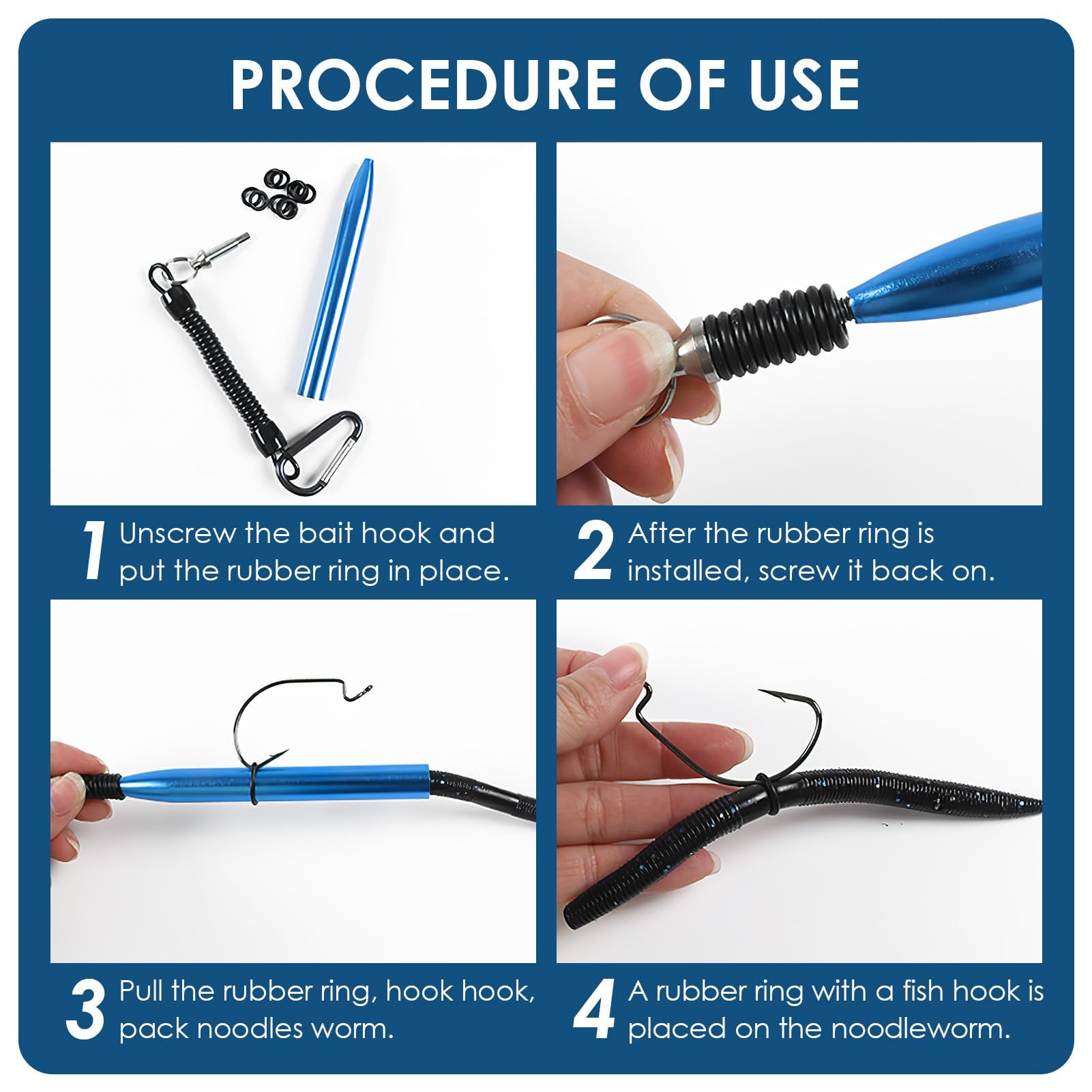 Blue hoeslaw rig tool being held for bass fishing setup