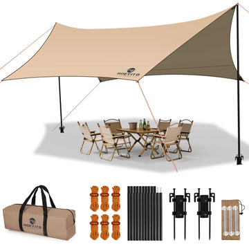 HOEYITO camping tarp wide shot showing a roomy 15x12.5ft shelter for 8–10 people
