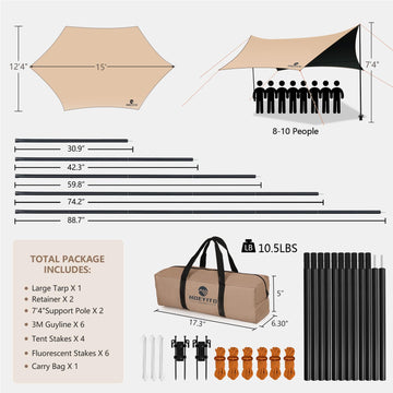 HOEYITO complete kit includes stakes, lines, and bag for versatile outdoor shelter.