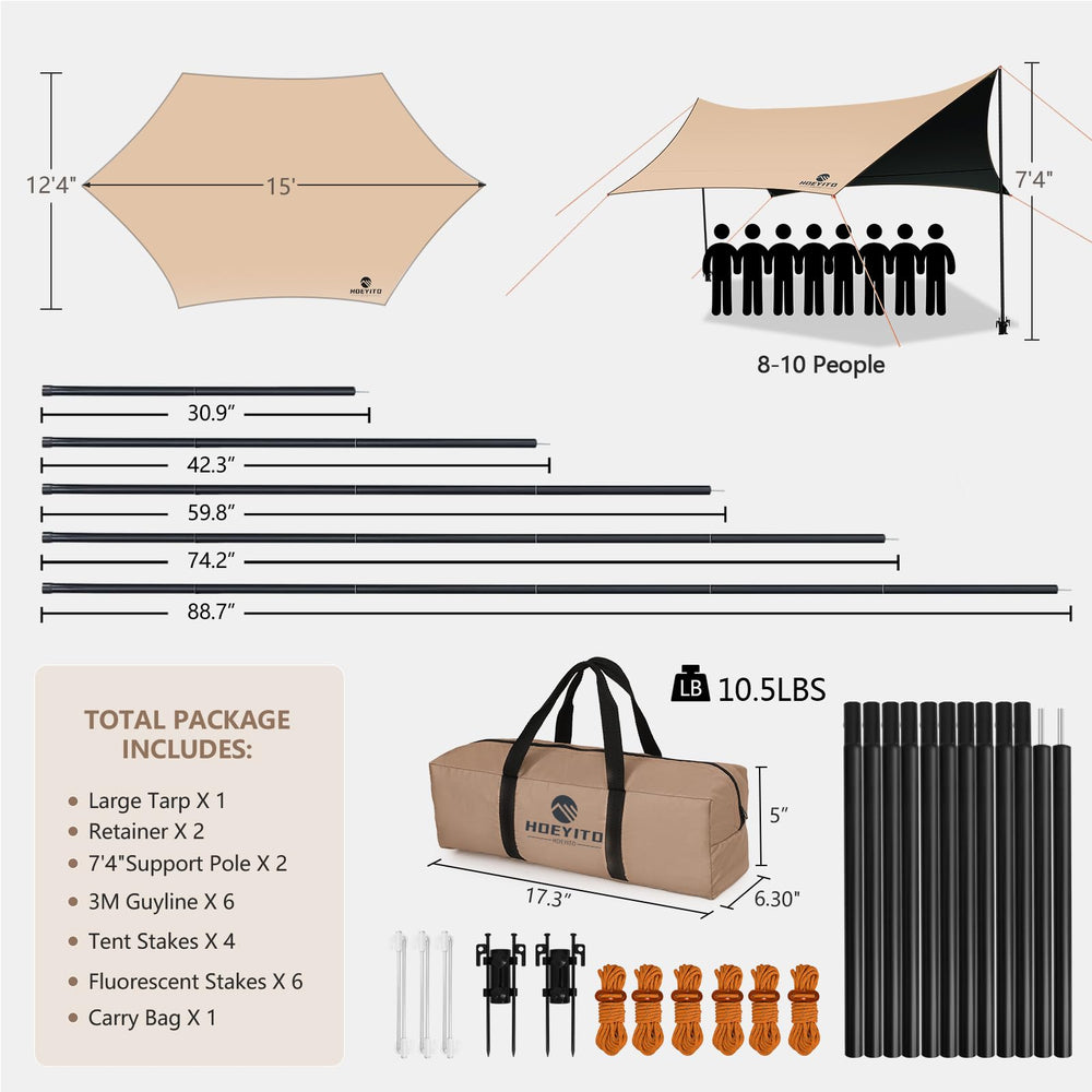 HOEYITO complete kit includes stakes, lines, and bag for versatile outdoor shelter.