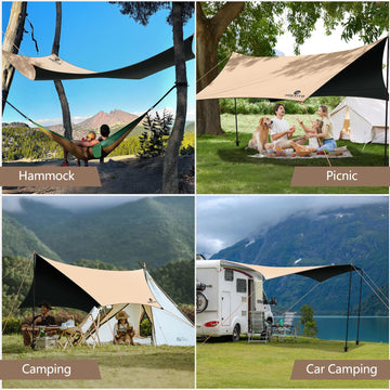 HOEYITO tarp setup is quick with adjustable poles and included guide.