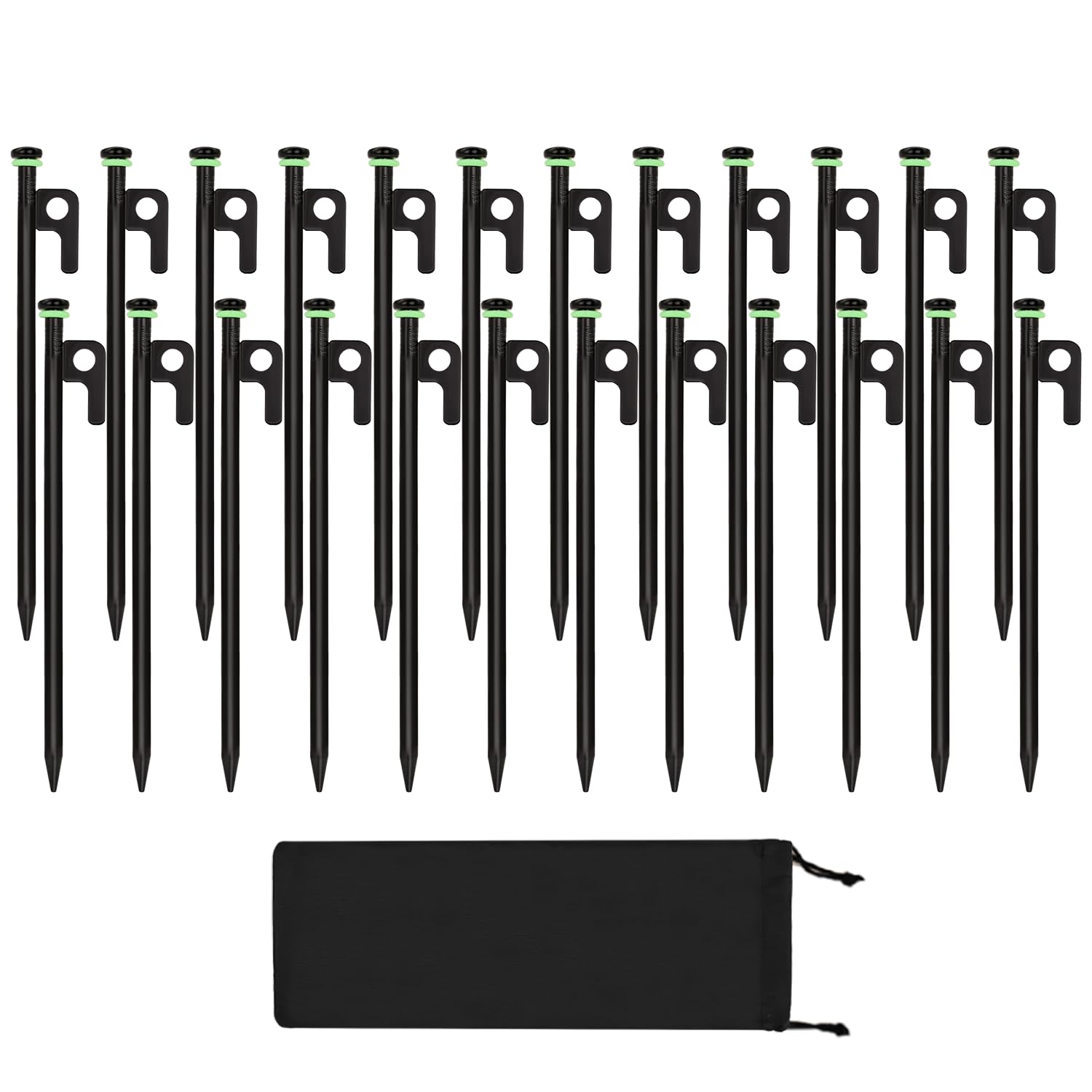HOLANHING 24Pcs tent stakes packaging shows bulk camping kit for multi-tent setups and savings.