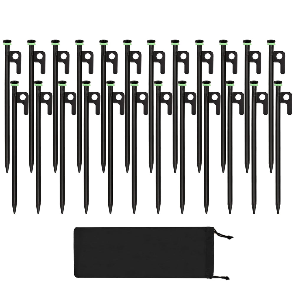 HOLANHING 24Pcs tent stakes packaging shows bulk camping kit for multi-tent setups and savings.