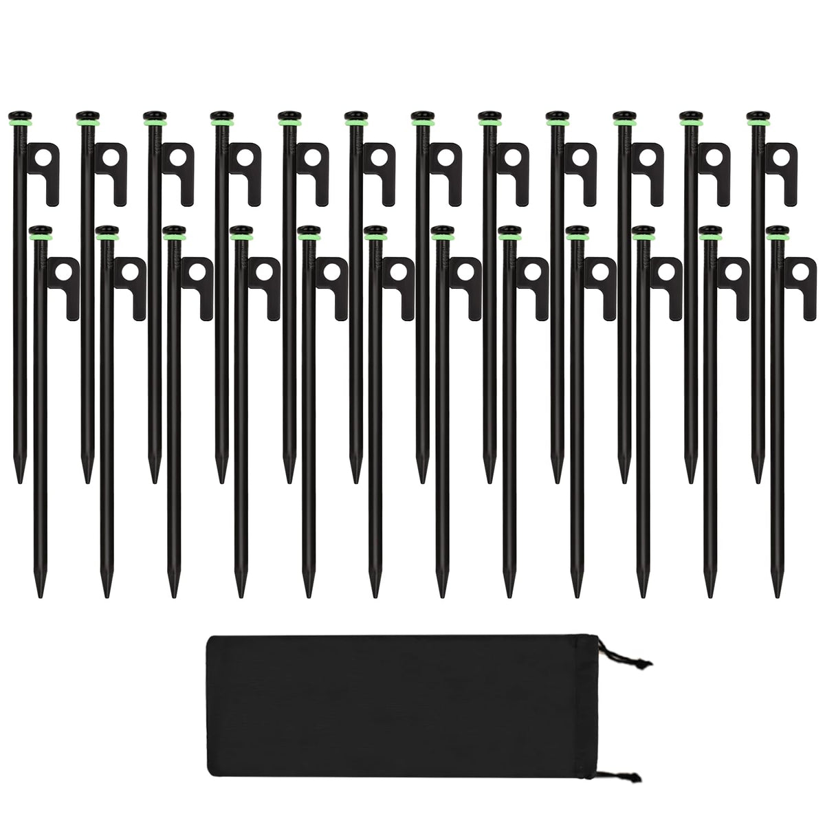 HOLANHING 24Pcs tent stakes packaging shows bulk camping kit for multi-tent setups and savings.