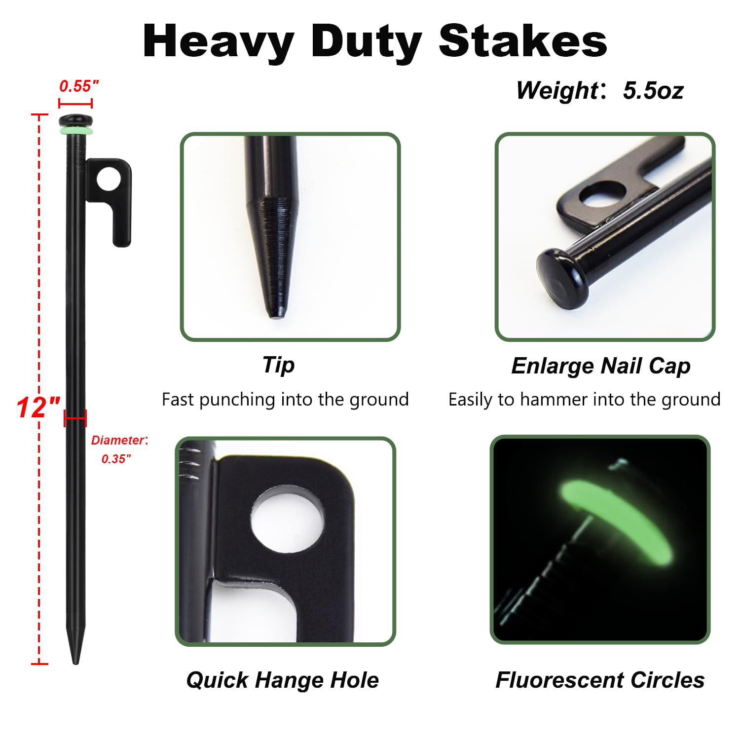 HOLANHING flat-head sharp-tip tent stake design facilitates easy driving.