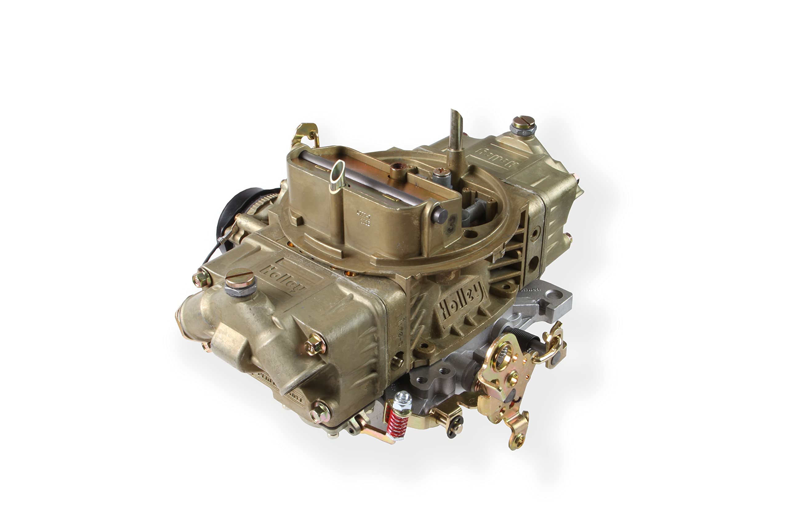 Holley Mdl 4150 top view with dual feed inlets for steady fuel delivery.