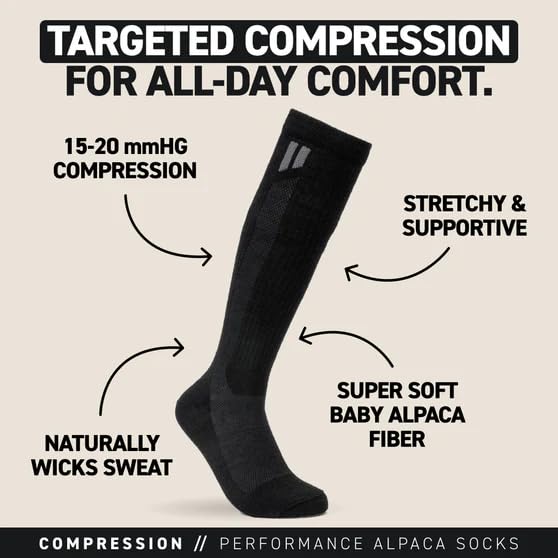 HOLLOW alpaca wide compression socks in black showcase cozy texture and all-day comfort.