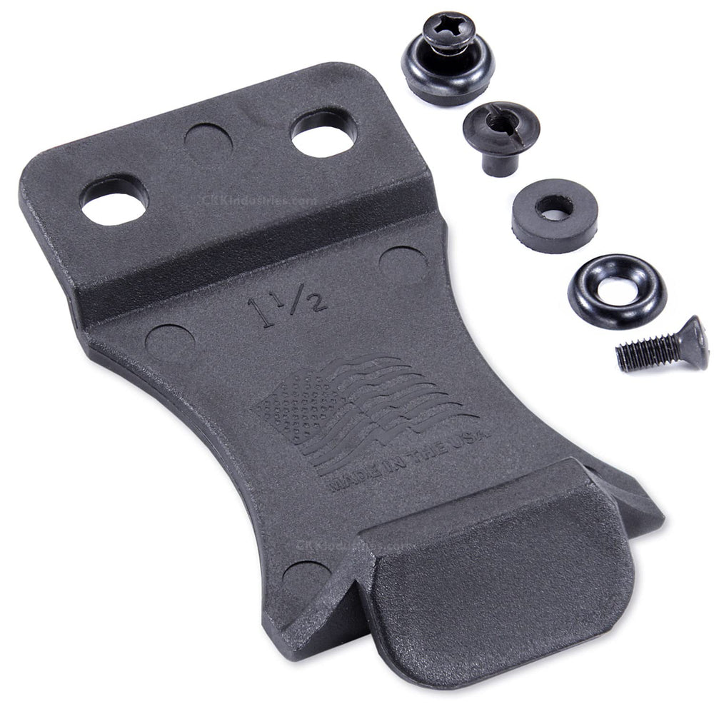 Holstex belt clip with retention tab keeps holster secured during draws.