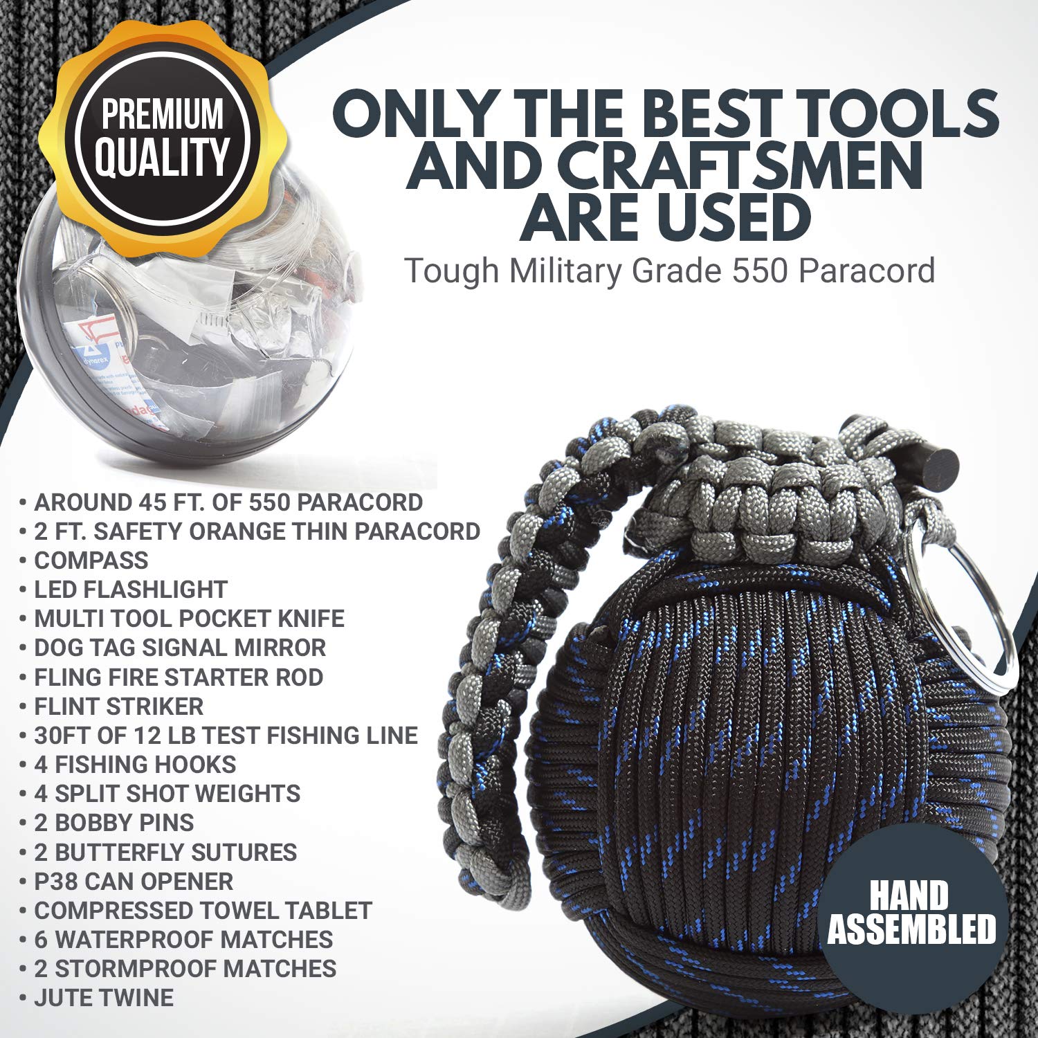 Blue and black casing of Holtzman's Gorilla Survival grenade signals rugged outdoor design