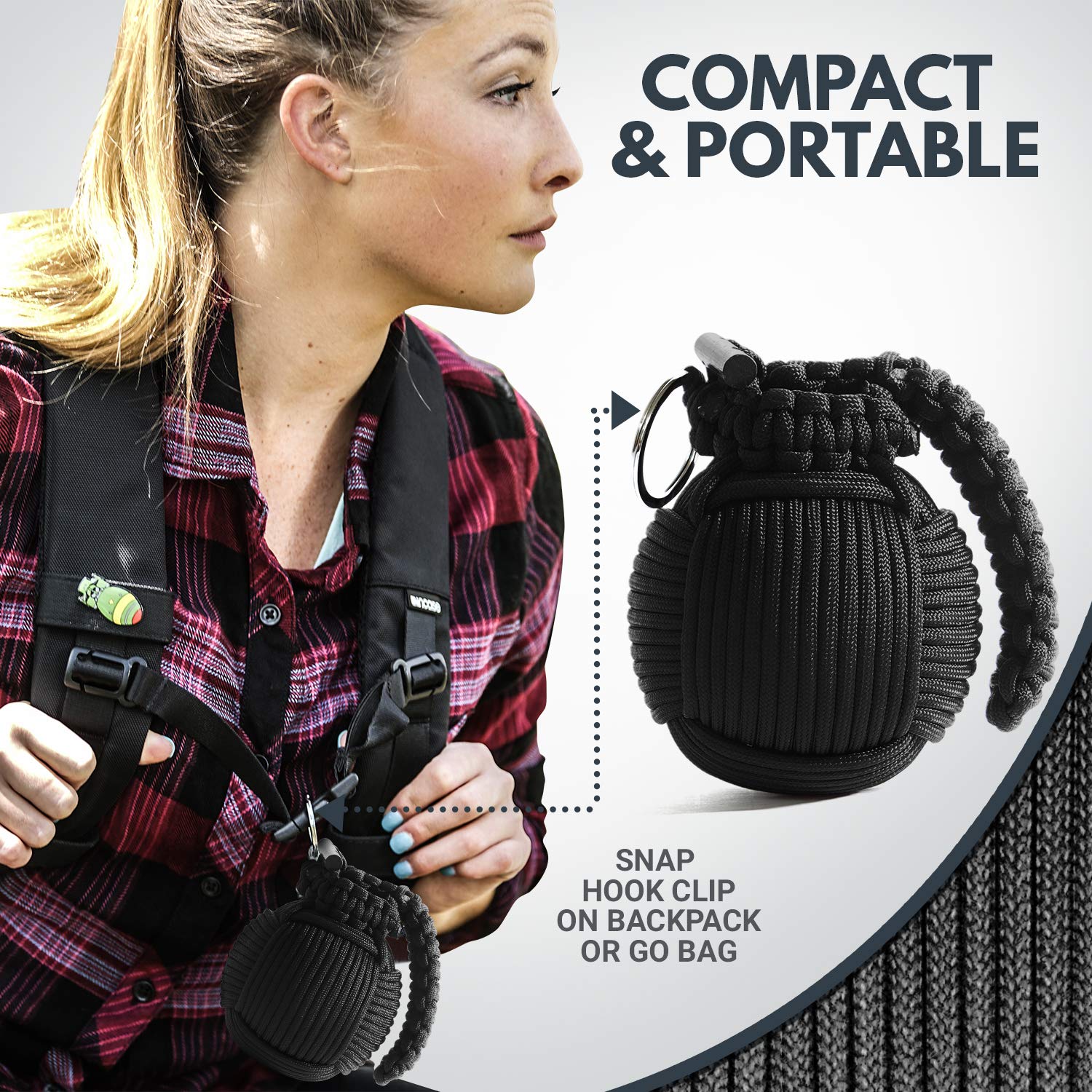 Metal carabiner design supports quick attachment to gear or packs.