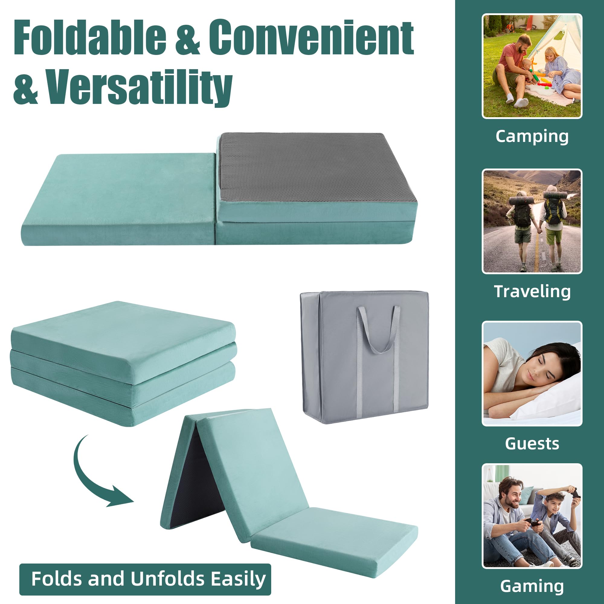 HOMBYS tri folding memory foam mattress folded for compact storage in a car or closet