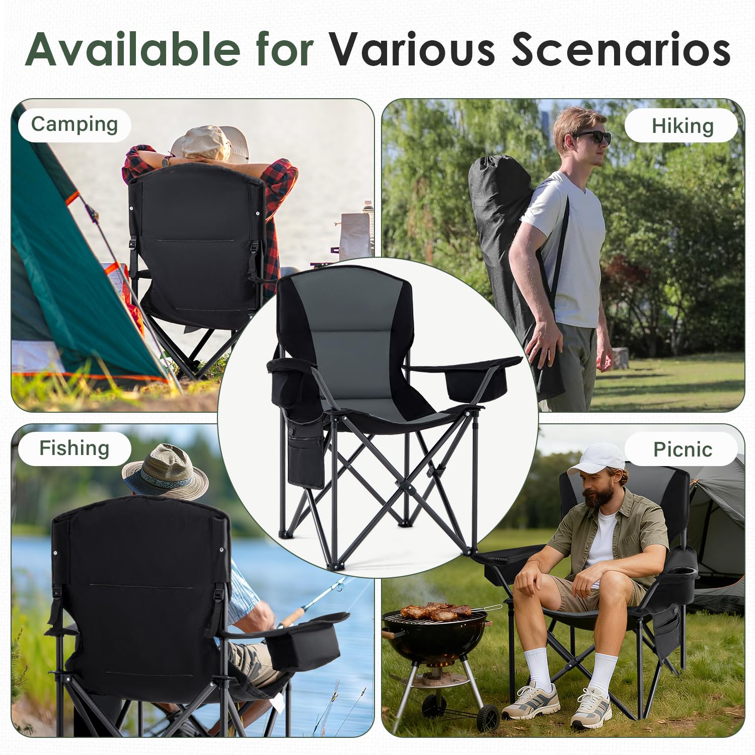 Homcosan foldable chair with carrying bag demonstrates easy transport and compact storage.