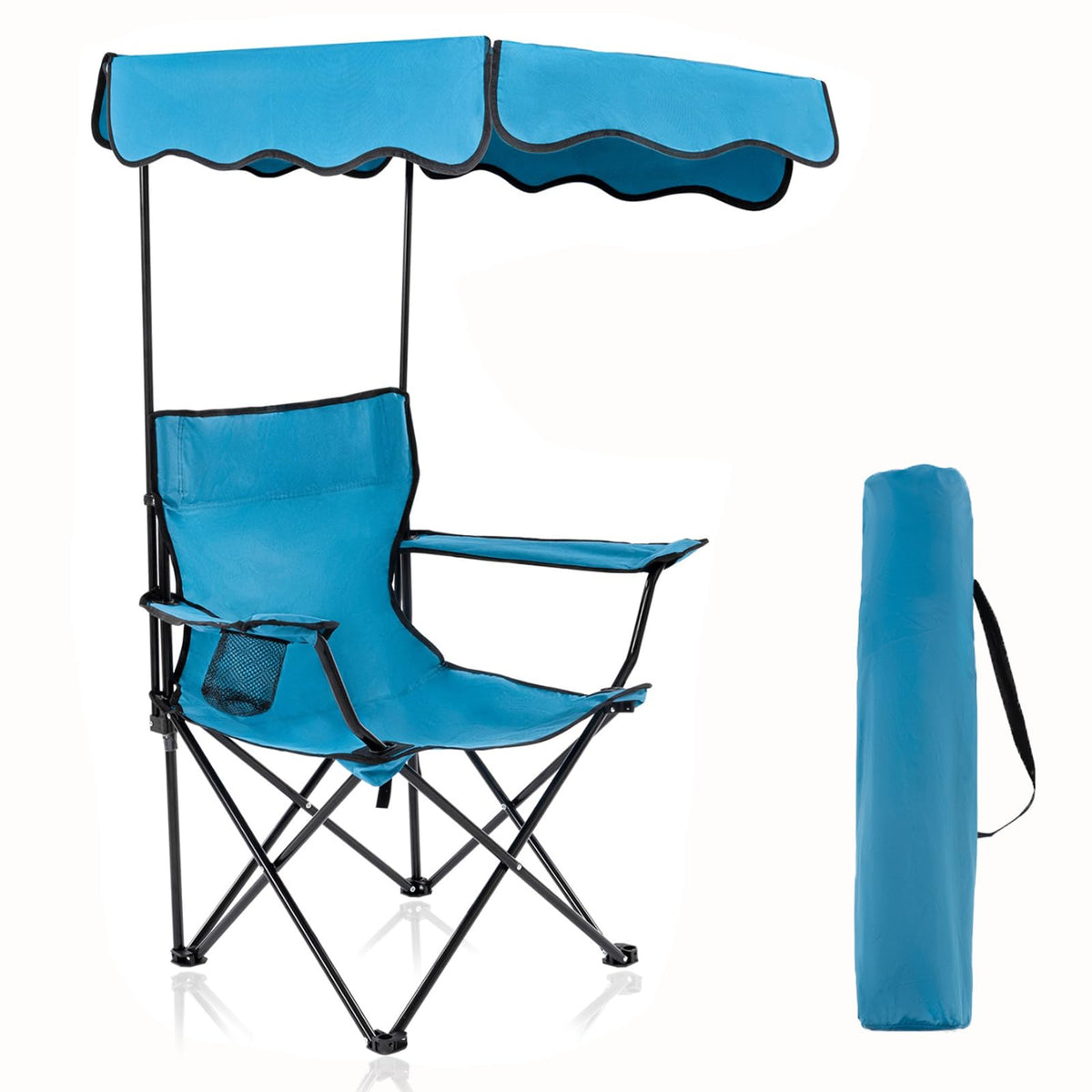 Homcosan folding chair with shade canopy provides portable sun protection for outdoor lounging.