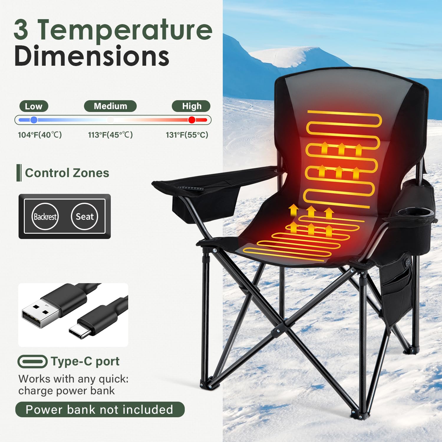 Homcosan chair heat levels closeup showing 104 to 131 degrees for customizable comfort.