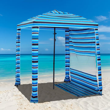 HOMEDEMO Beach Canopy 6x6 blue stripe provides shaded family space at the beach.
