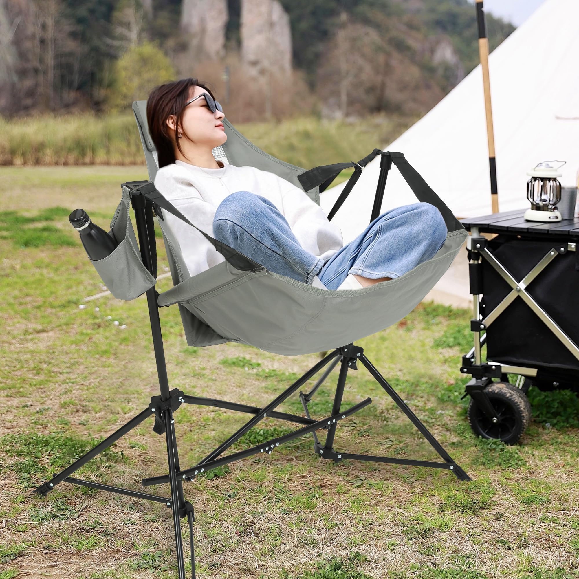 HOMEFUN hammock camping chair fabric close-up shows breathable PVC polyester.