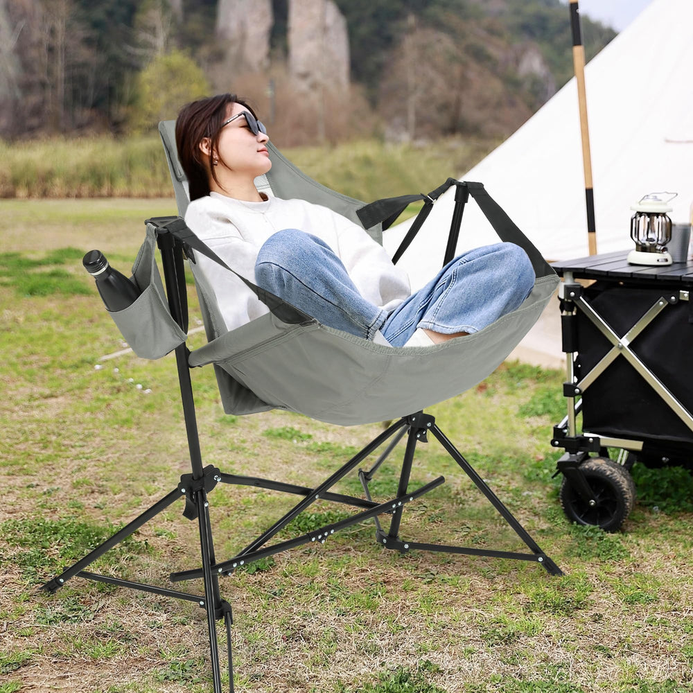 HOMEFUN hammock camping chair fabric close-up shows breathable PVC polyester.