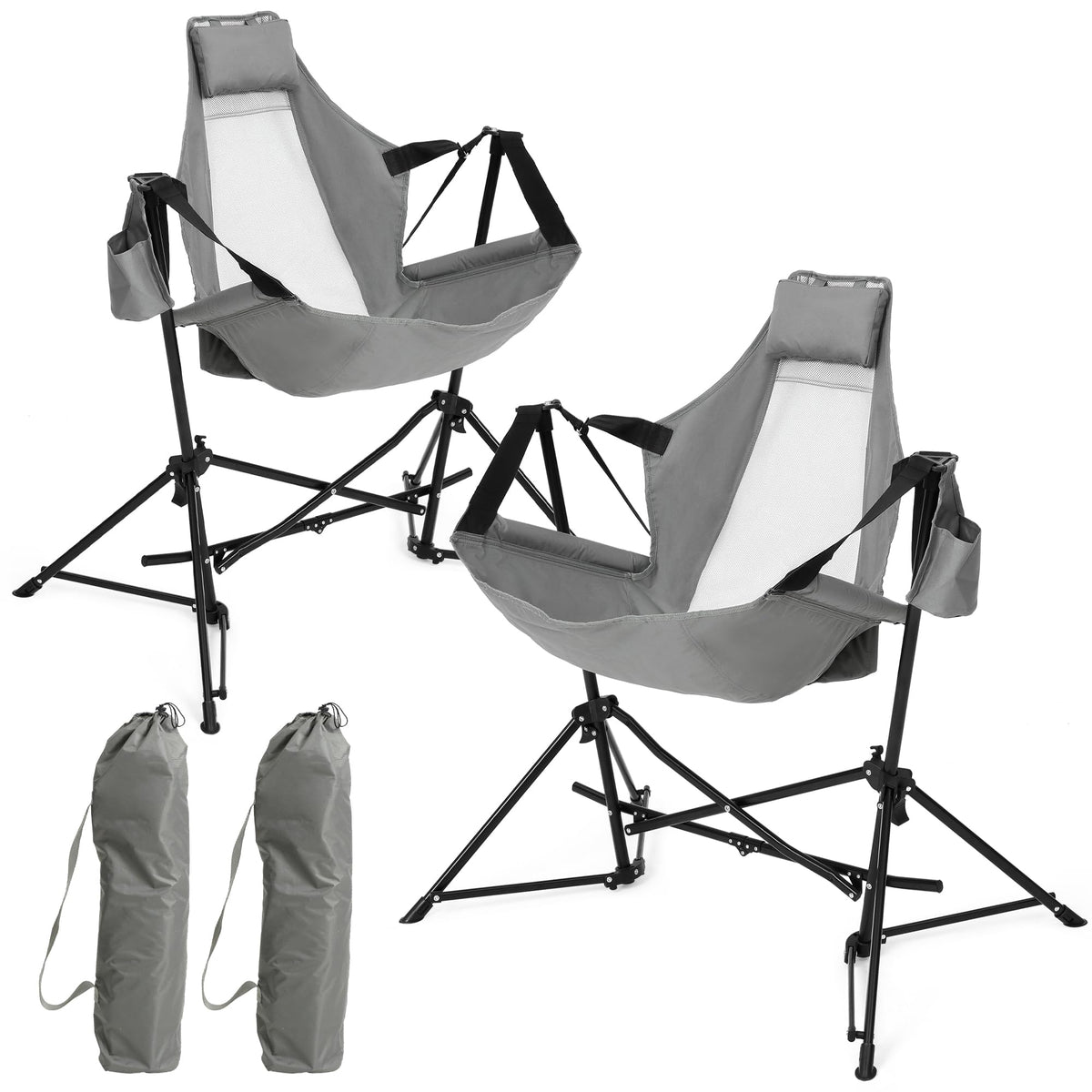 HOMEFUN hammock camping chair open with stand for easy outdoor seating.