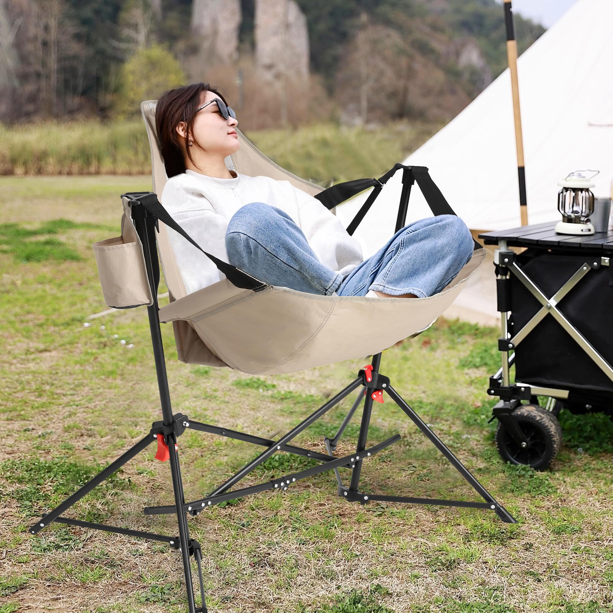 HOMEFUN Hammock Chair heavy-duty frame supports up to 300 pounds.