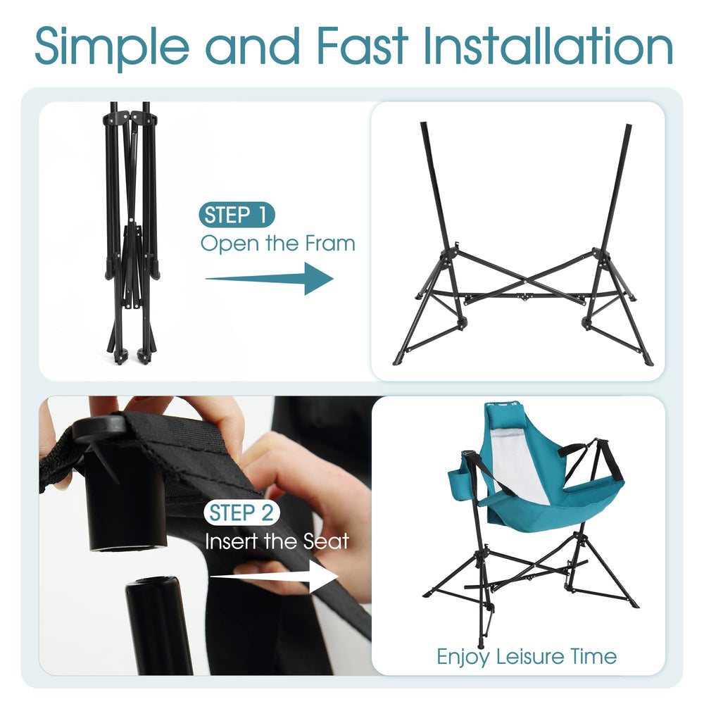 HOMEFUN heavy-duty steel frame blue hammock chair provides solid support.