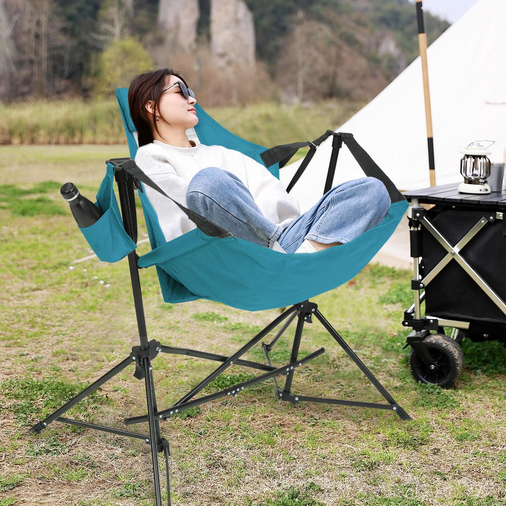 HOMEFUN outdoor blue hammock chair suitable for lawn, camping, and fishing trips.