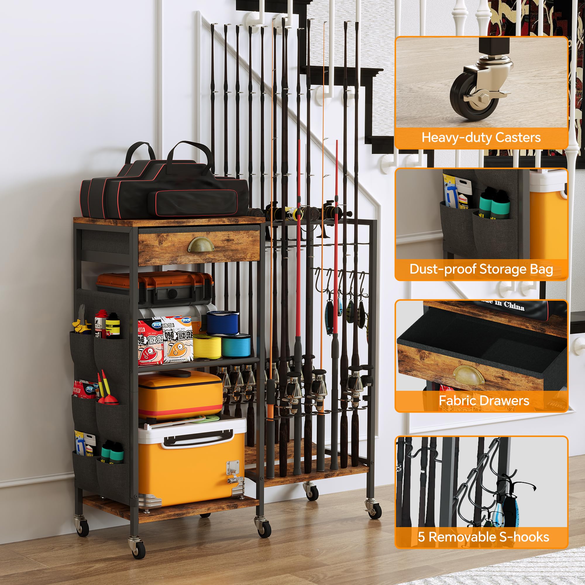 Three rod racks with six side pockets and five hooks