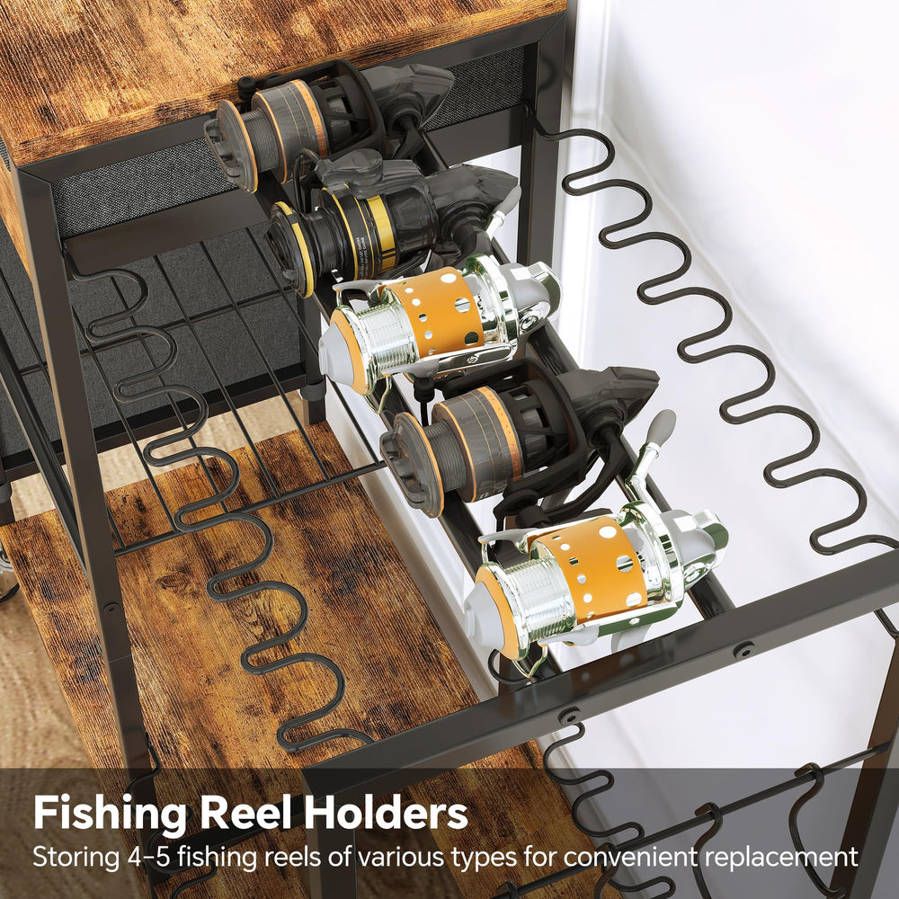 Homeiju fishing-rod-holder-drawer-storage includes a roomy drawer for tackle and gear.