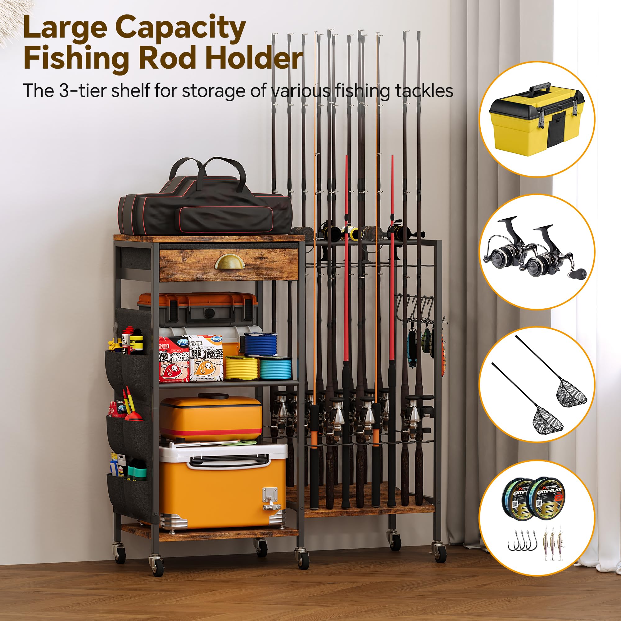 Homeiju fishing-rod-holder-locking-wheels provides secure placement when parked.