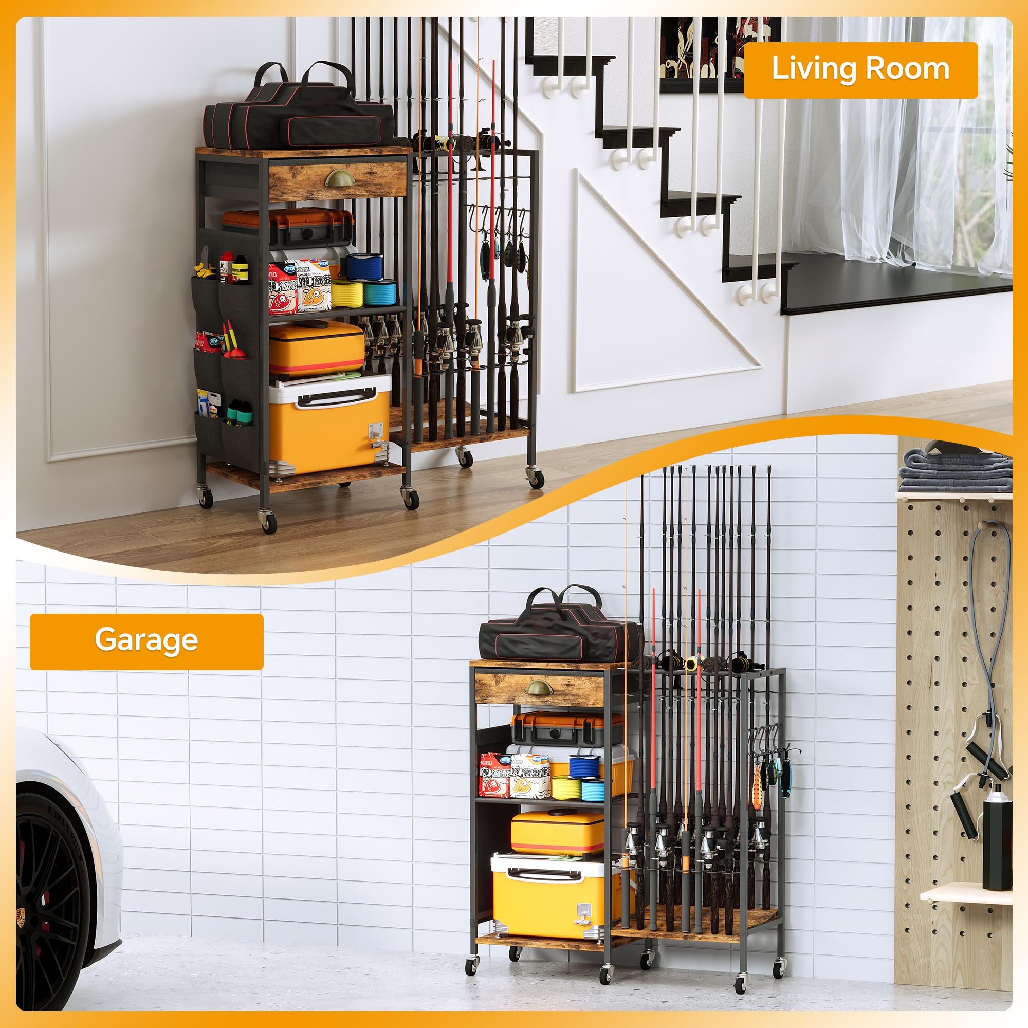 Homeiju fishing-rod-holder-on-wheels allows easy movement in garage or boat shed.