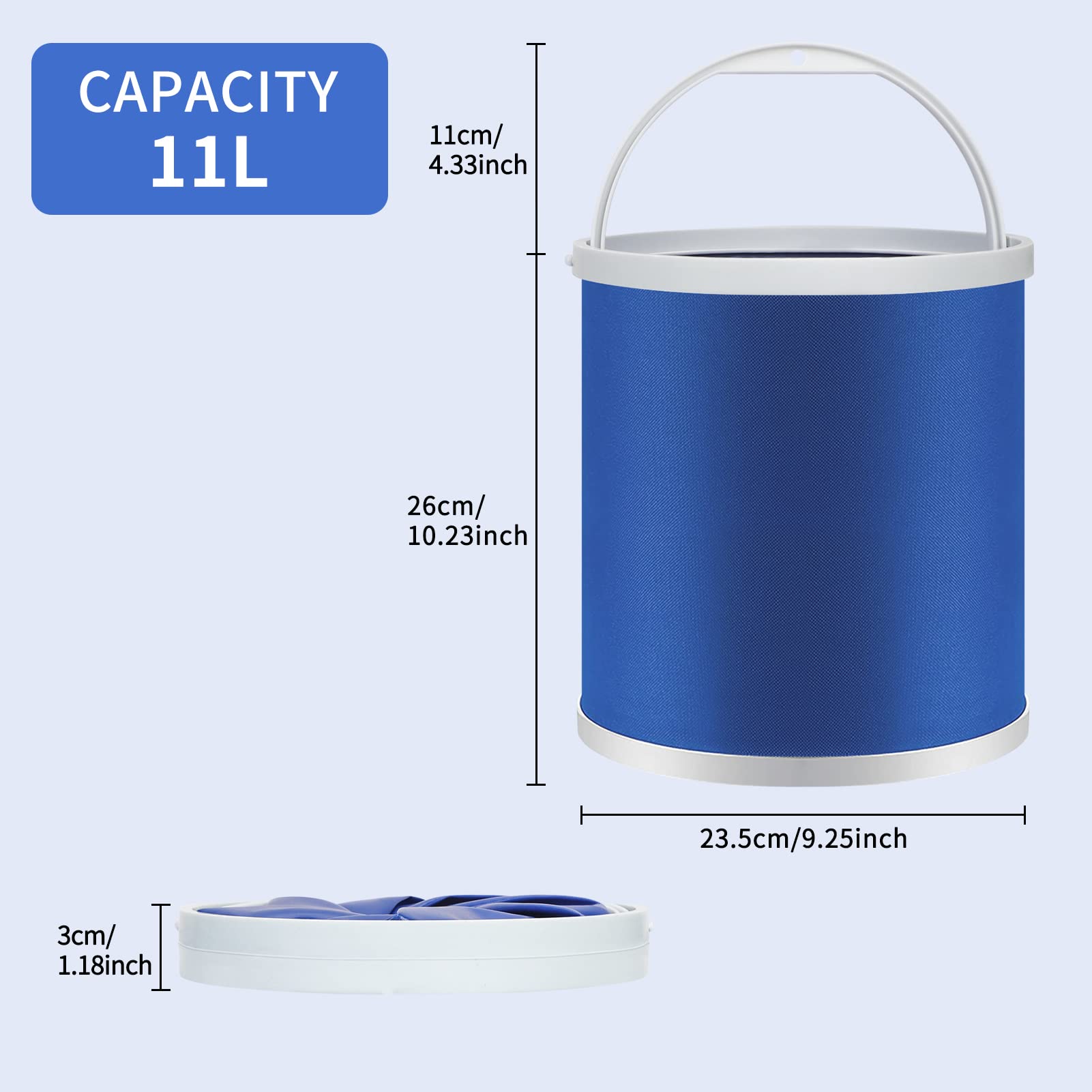 Blue collapsible 11L bucket folded flat for storage