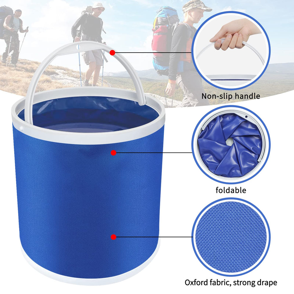 Blue collapsible bucket used for car washing outdoors