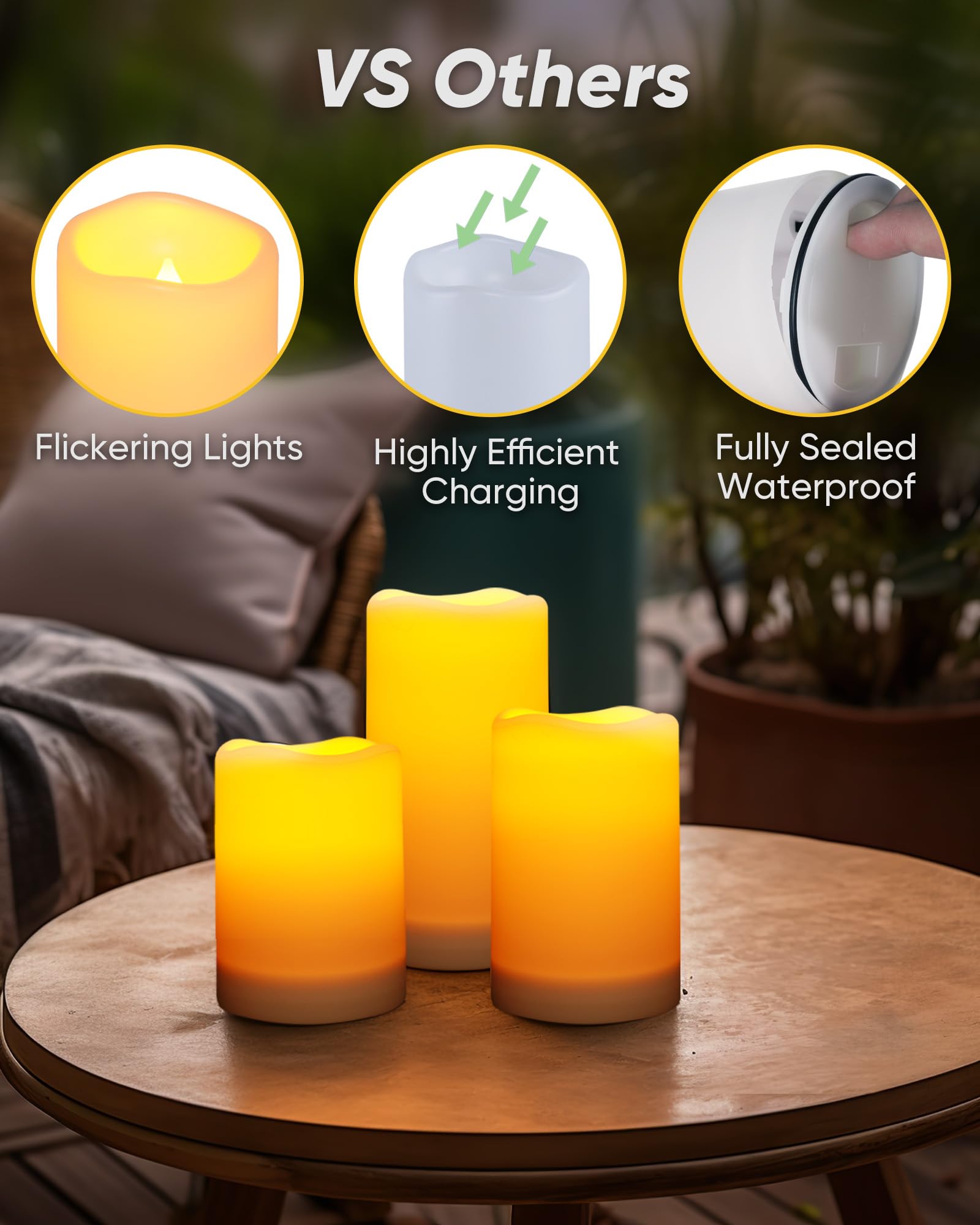 Homemory solar candles in sunlight charging for longer night brightness.