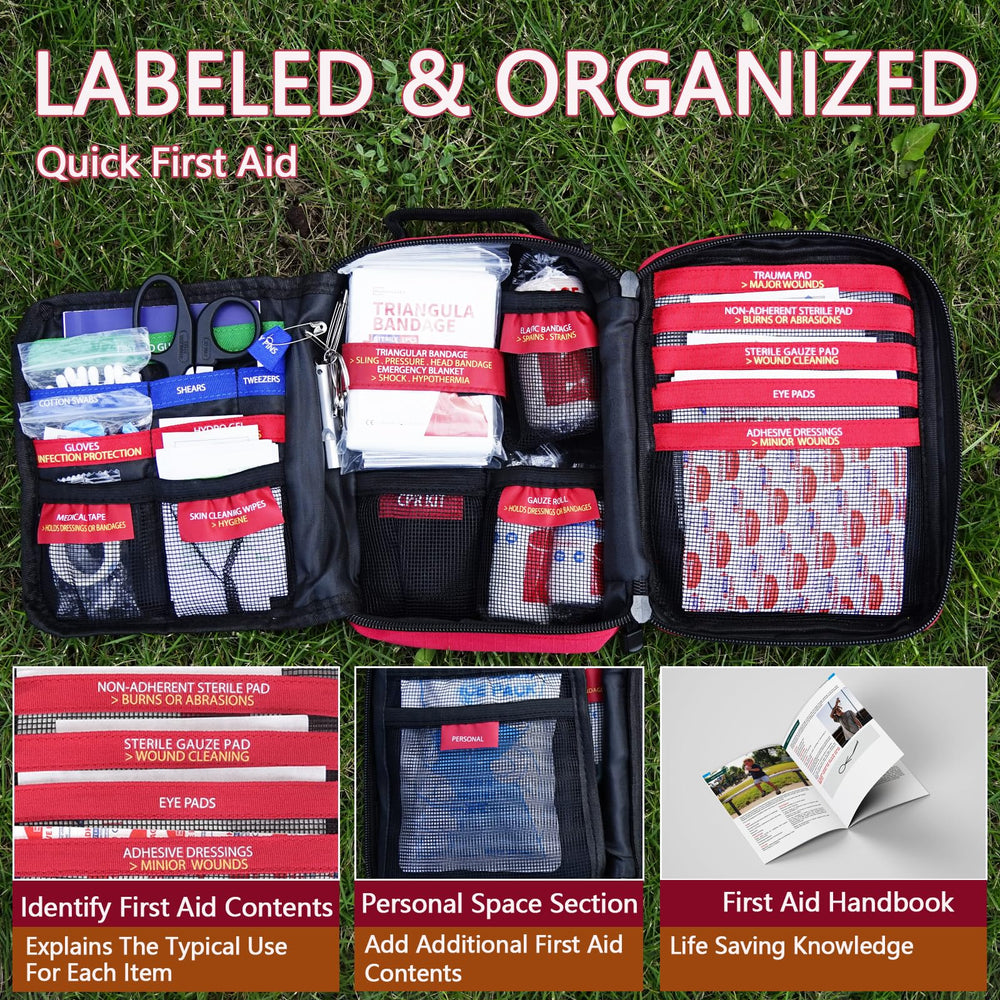 Homestockplus first aid kit MOLLE system demonstrates easy car and backpack attachment.