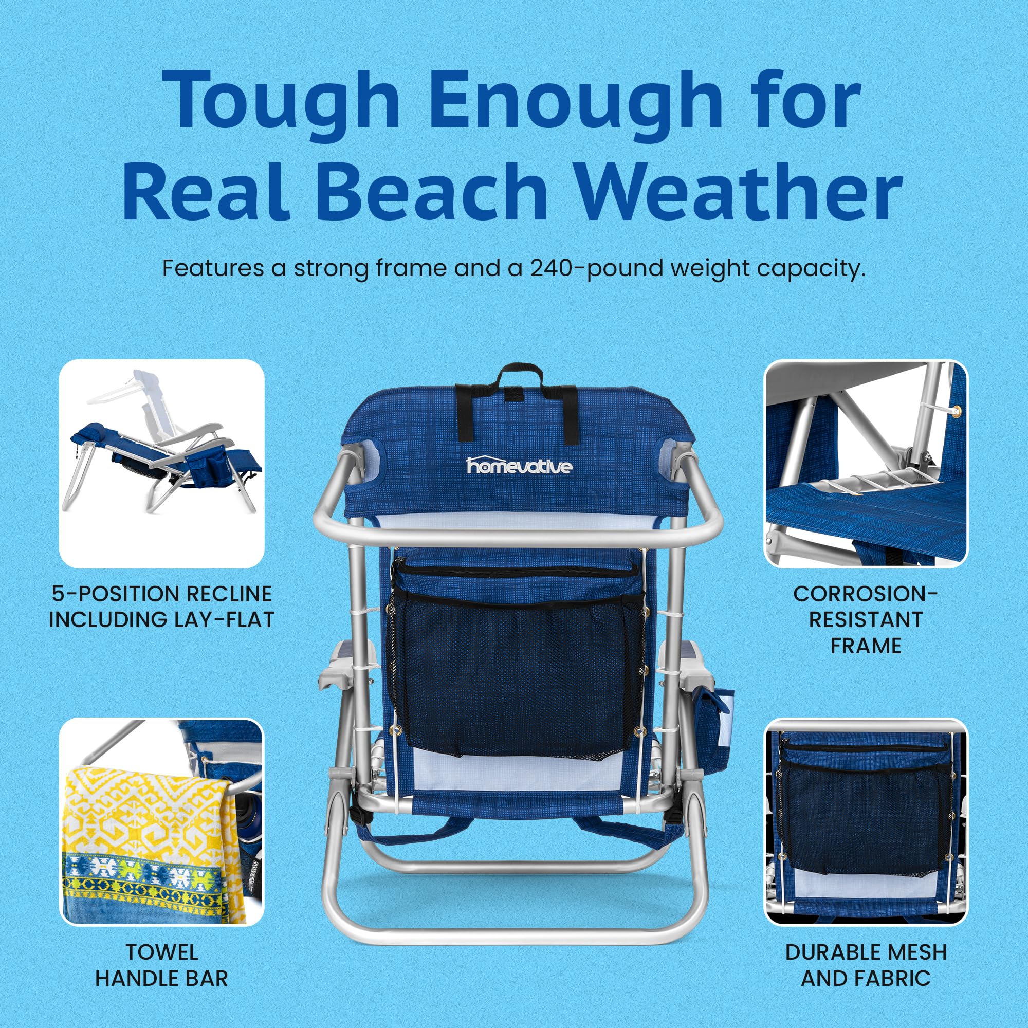 Homevative Cooler+ Beach Chair built-in bottle opener for outdoor convenience.