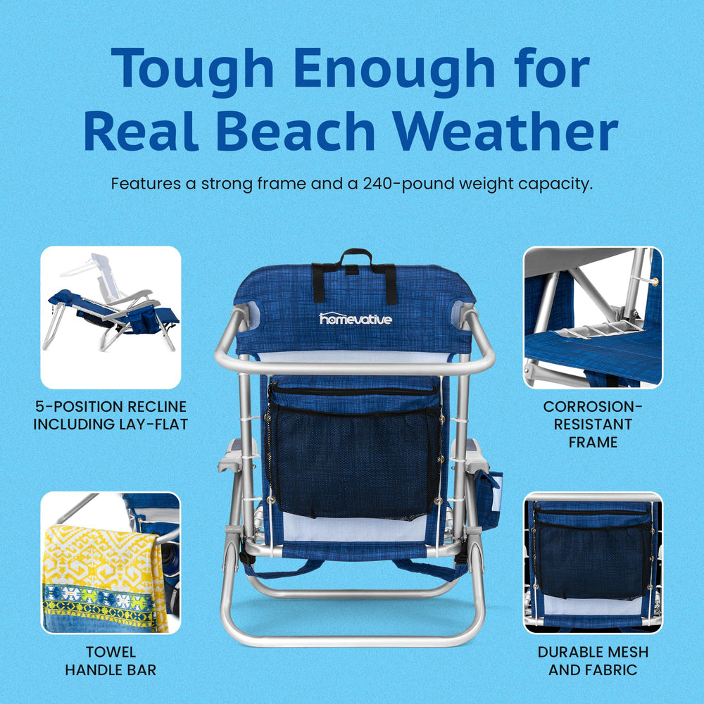 Homevative Cooler+ Beach Chair built-in bottle opener for outdoor convenience.