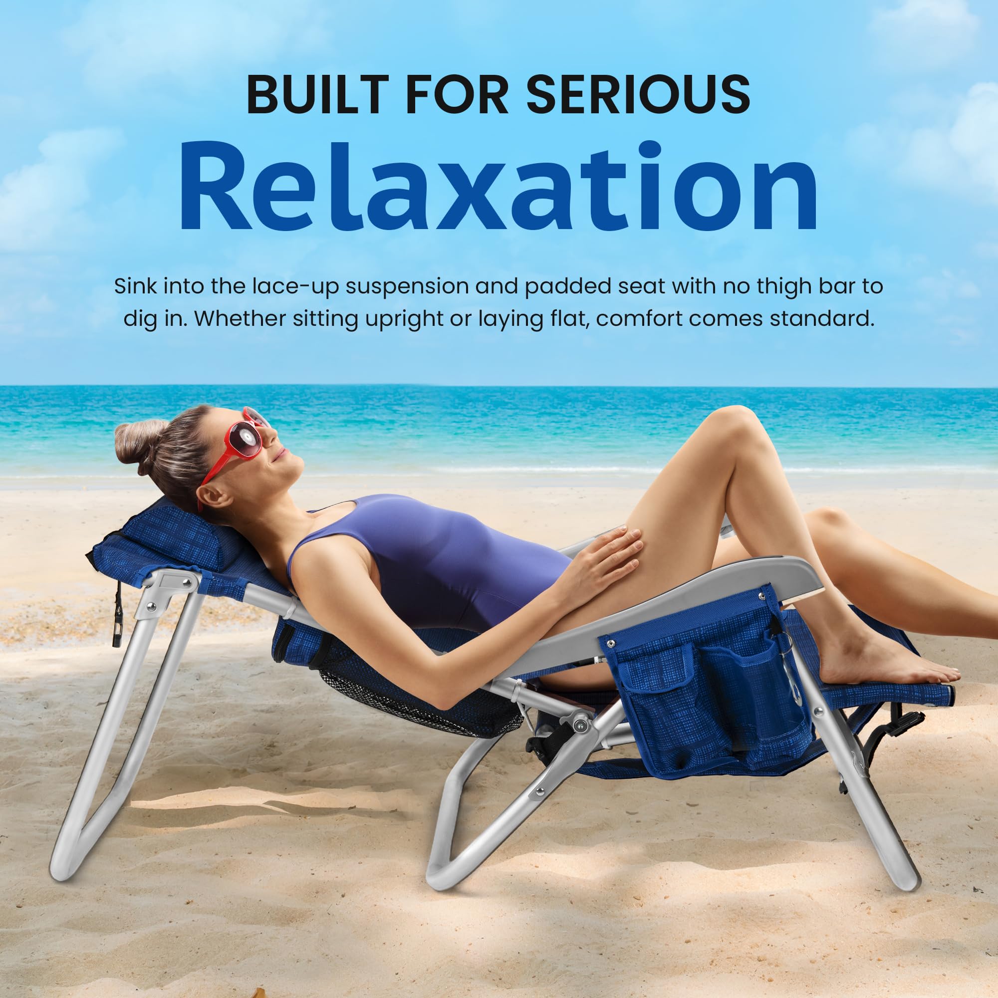 Homevative Cooler+ Beach Chair cup and phone holder for quick access.