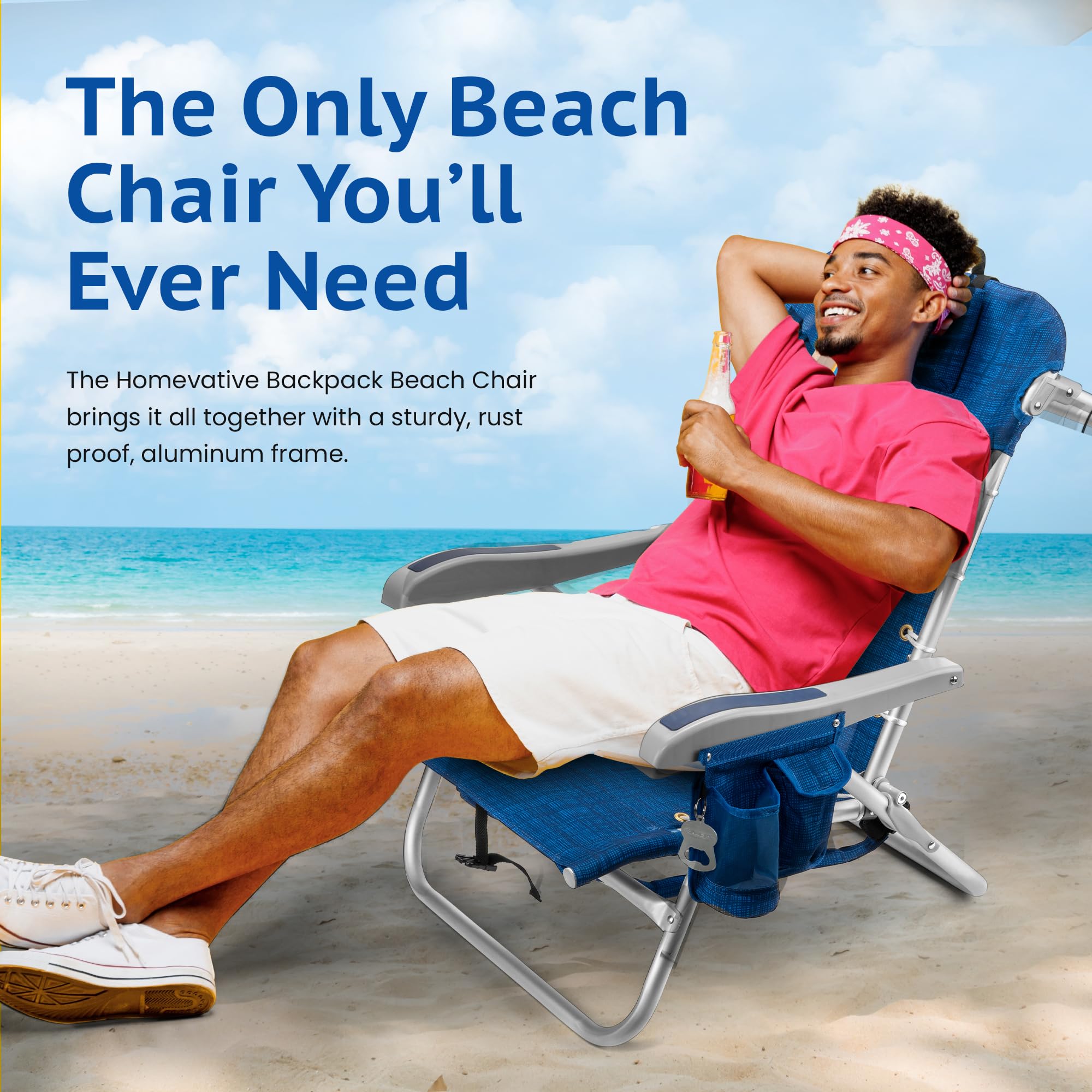 Homevative Cooler+ Beach Chair offers multiple reclining positions for sunbathing or napping.