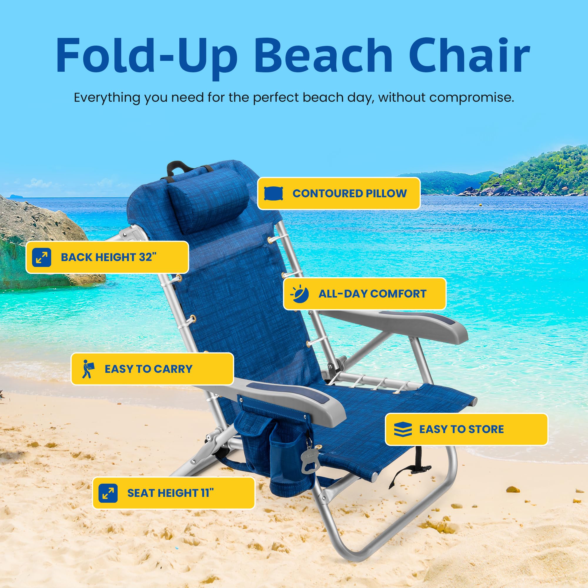 Homevative Cooler+ Beach Chair rear storage net for essentials and gadgets.