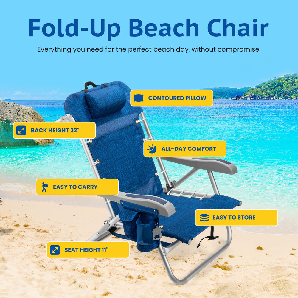 Homevative Cooler+ Beach Chair rear storage net for essentials and gadgets.